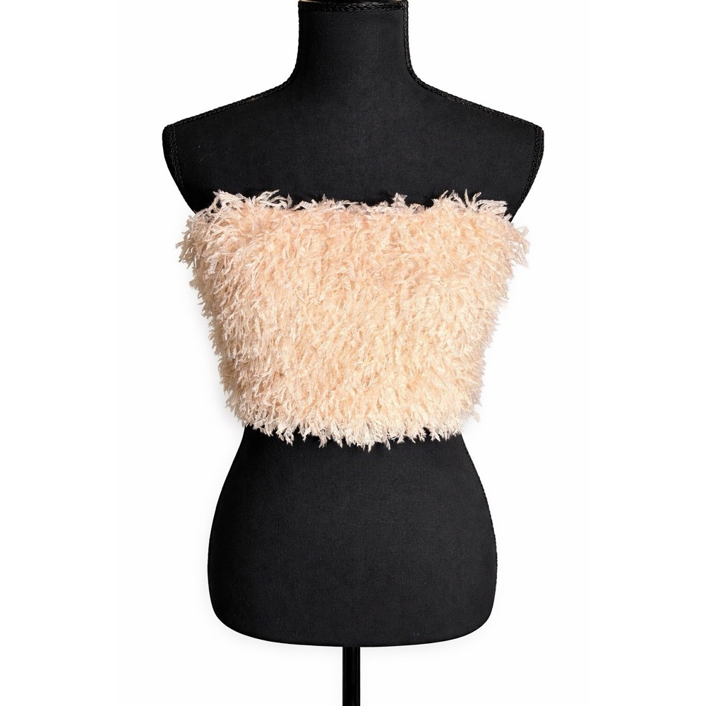 Idem Ditto Strapless Feather Fringe Crop Top Cream Textured Tube Size M